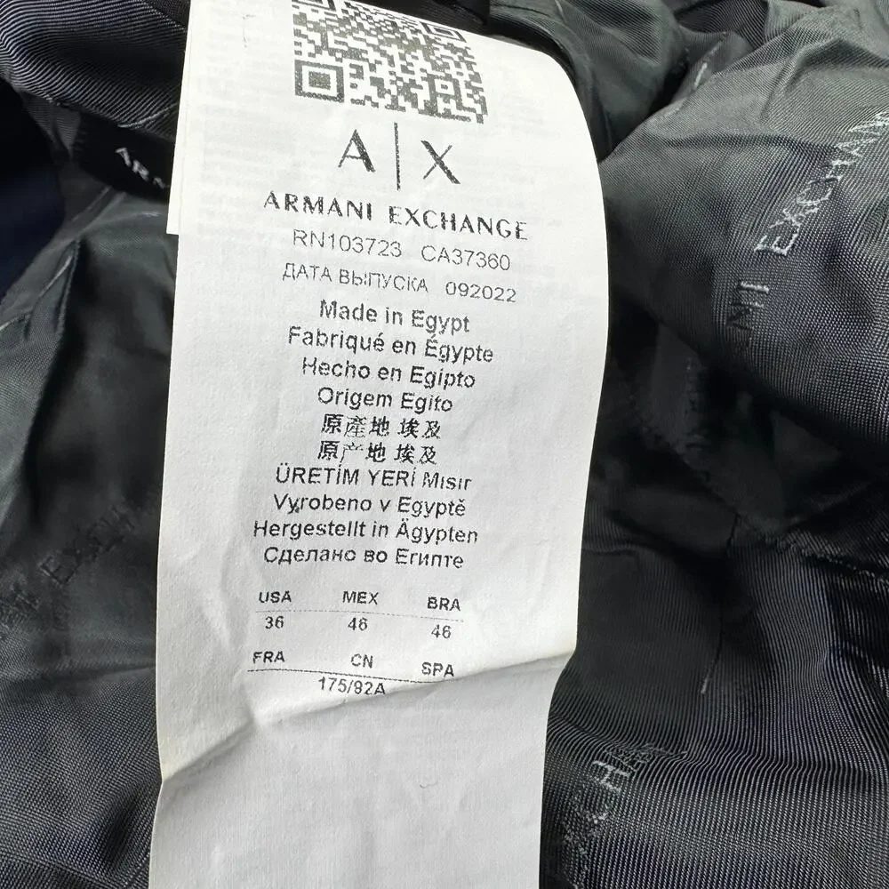 Armani Exchange Mens Slim Fit 100% Wool Sharkskin Suit Jacket Dark Blue 36R